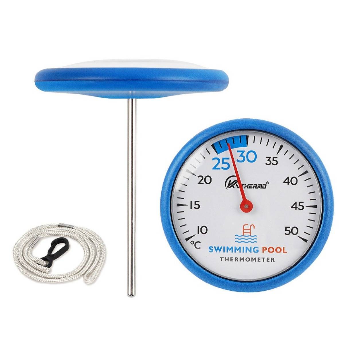 Blauer schwimmender Poolthermometer mit rundem Zifferblatt, das etwa 28°C anzeigt, und befestigtem Seil, plus separatje Anzeige des oberen Schwimmgriffs und der Messstabachse.