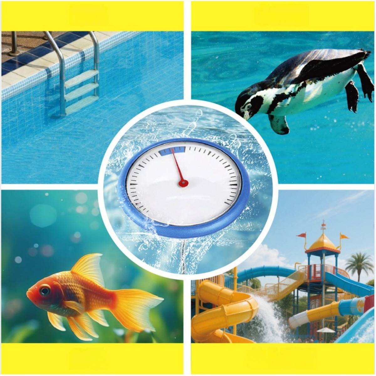 Collage aus Pool- und Wasserpark-Szenen mit einer zentralen Skala/Anzeige über Wasser, plus einem schwimmenden Pinguin und Goldfisch, was auf aquatische Aktivität oder Wasserqualität hindeutet.