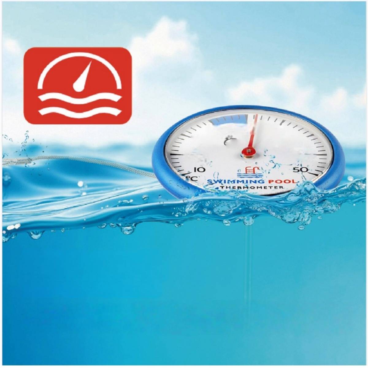 Thermometer für Schwimmbäder, das im Wasser schwebt, mit einem roten Heißwasser-Symbol und Anzeige der Pooltemperatur nahe der Mittelpunkt der Skala.