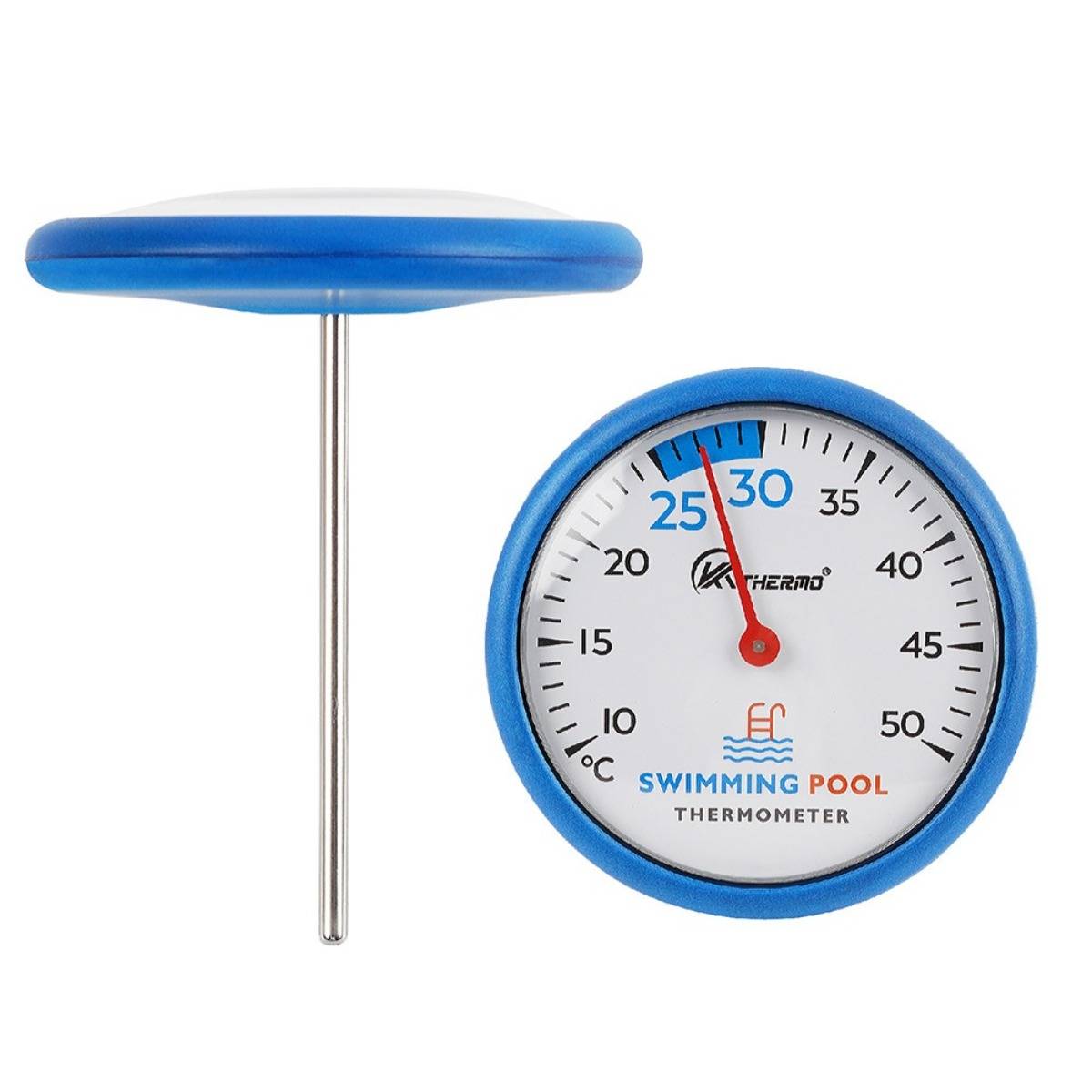 Blueschwimmbad-Thermometer mit schwimmendem Kopf und rundem Zifferblatt, das etwa 27°C anzeigt.