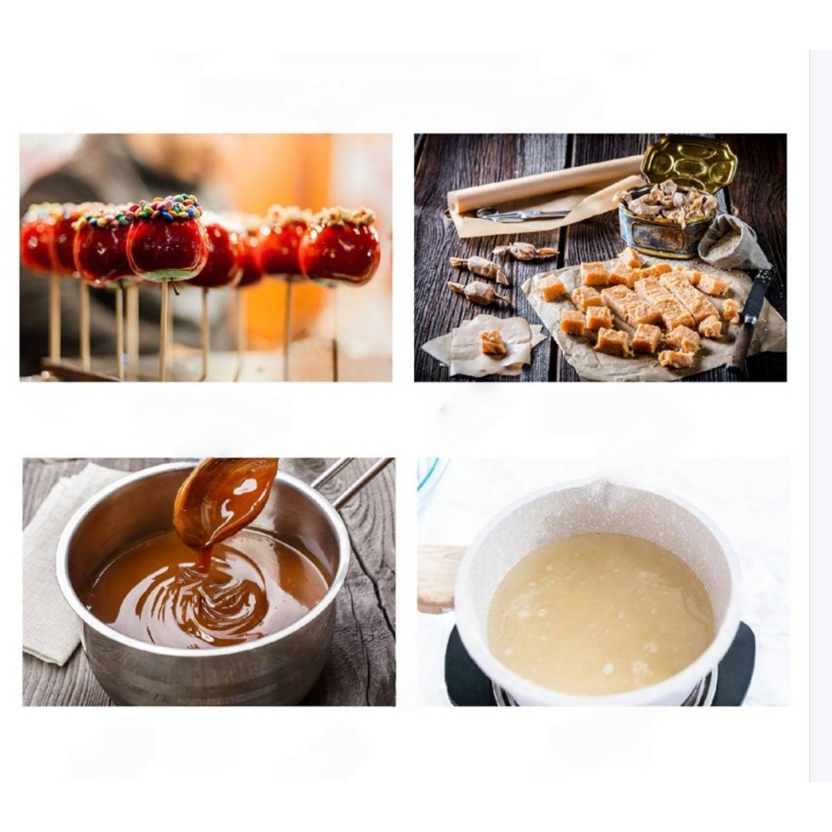 Vier Lebensmittelfotos: Karamelläpfel mit Streuseln, gehacktes Karamellbonbon mit Nüssen und Sirup, geschmolzenes Karamell in einem Topf und eine helle Sauce, die in einer Pfanne kocht.