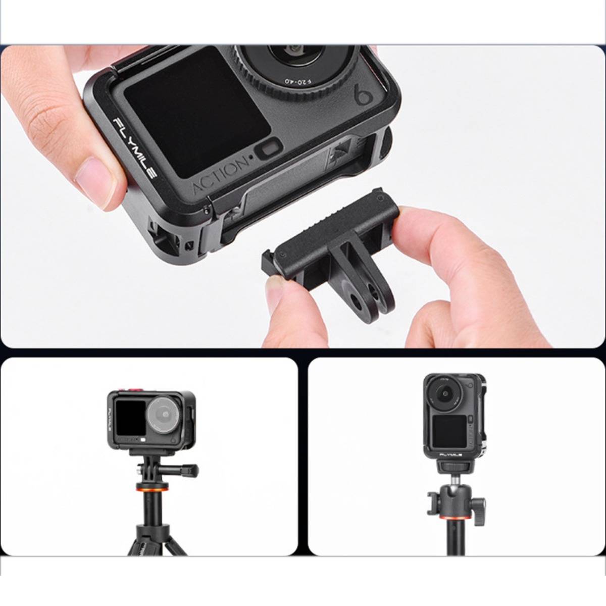 Actionkamera wird auf einen Stativadapter montiert, mit Nahaufnahmen und fertigen Beispielen auf einem Stativ.