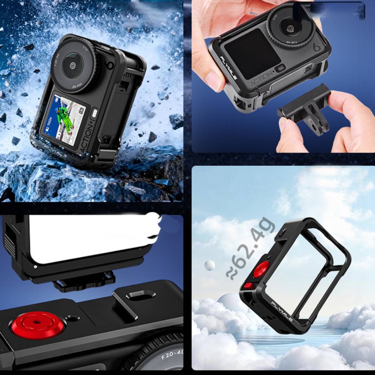 Collage mit einer schwarzen Schutzkäfig-/Rahmenkonstruktion für Action-Kamera, die befestigt und im Wasser verwendet wird; ein Bereich hebt das 26,2 g leichte offene Rahmendesign hervor.