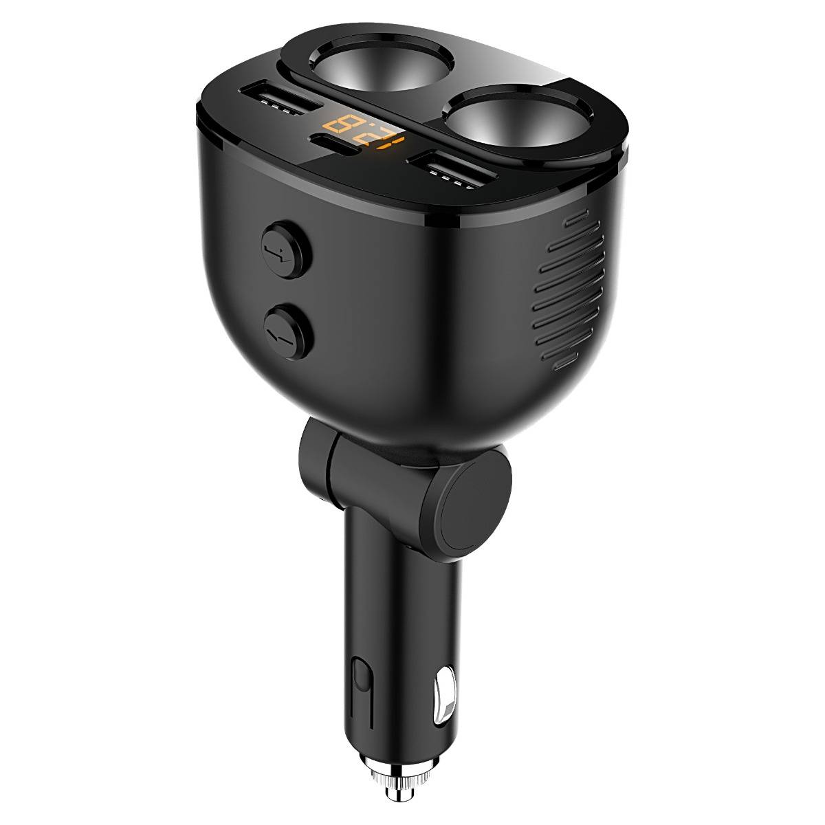 Schwarzer Autoluftanzünder-Adapter mit zwei USB-Anschlüssen, zwei runden Steckdosenöffnungen und kleinem digitalen Display auf der Oberseite.
