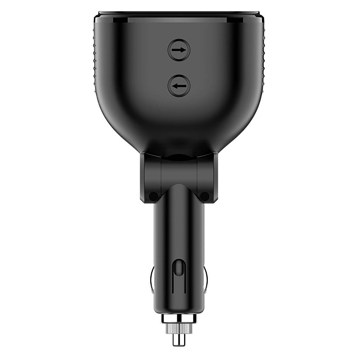 Schwarzer Autoladegerät-Adapter mit zwei Pfeiltasten an der Vorderseite und einer Steckerkontakt an der Unterseite, dargestellt auf weißem Hintergrund.