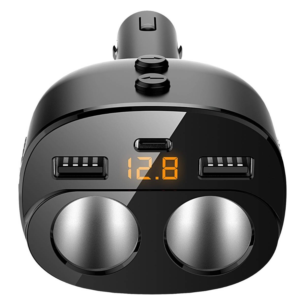 Autoladeadapter in Schwarz mit zwei USB-Anschlüssen, zwei großen runden Steckdosen und einem orangefarbenen digitalen Display, das „12,8