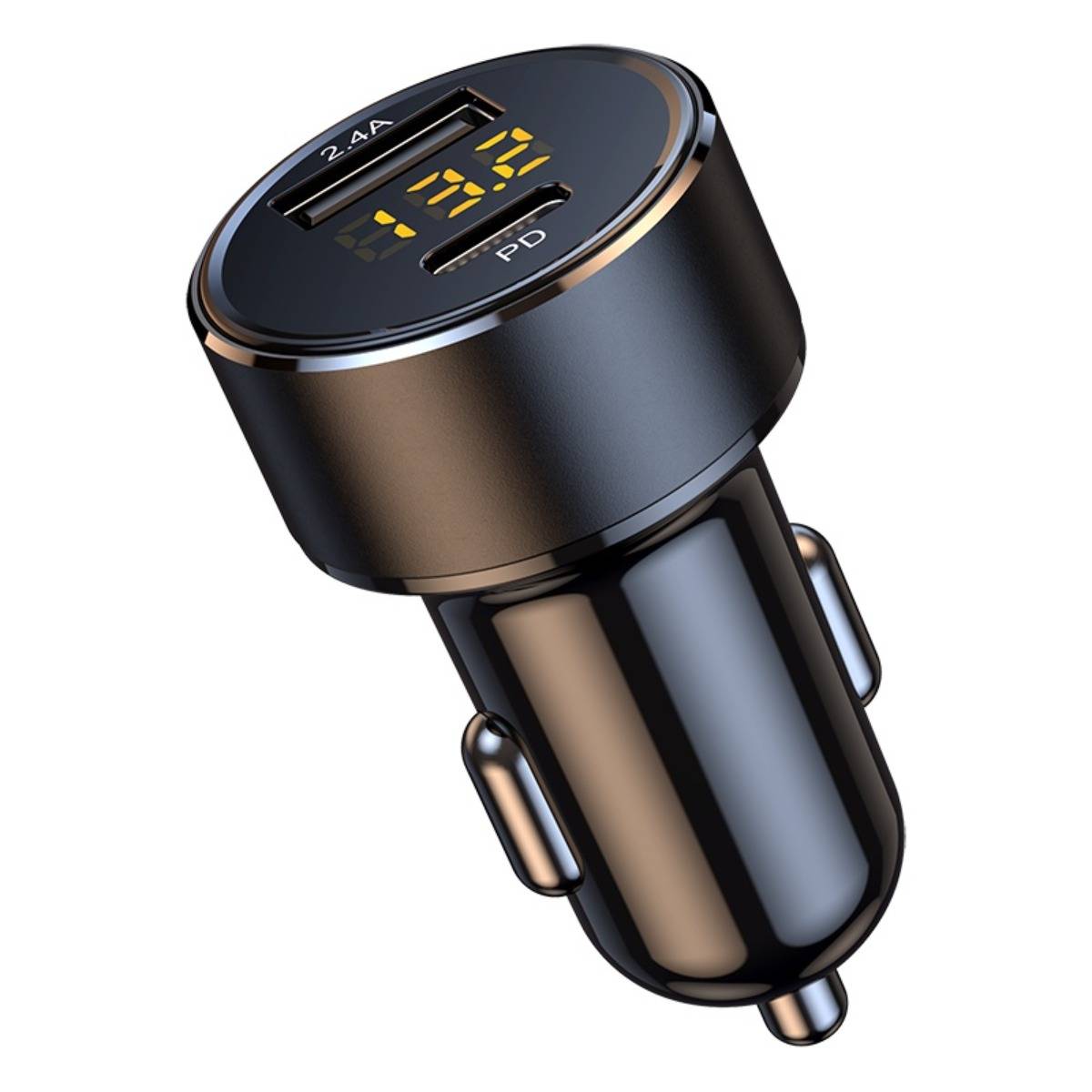 Schwarzer Kfz-Ladegeräteadapter mit USB-A, USB-C PD und digitaler Batteriespannungsanzeige mit 12,7V.
