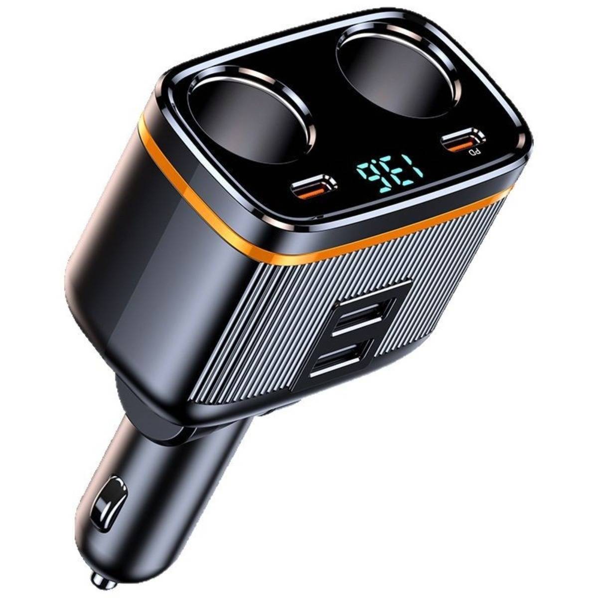 Ein Dual-Port-Autoladegerät mit LED-Batteriespannungsanzeige und USB-Anschlüssen, dargestellt in Schwarz mit orangefarbenen Akzenten und einem Zigarettenanzünder-Stecker.