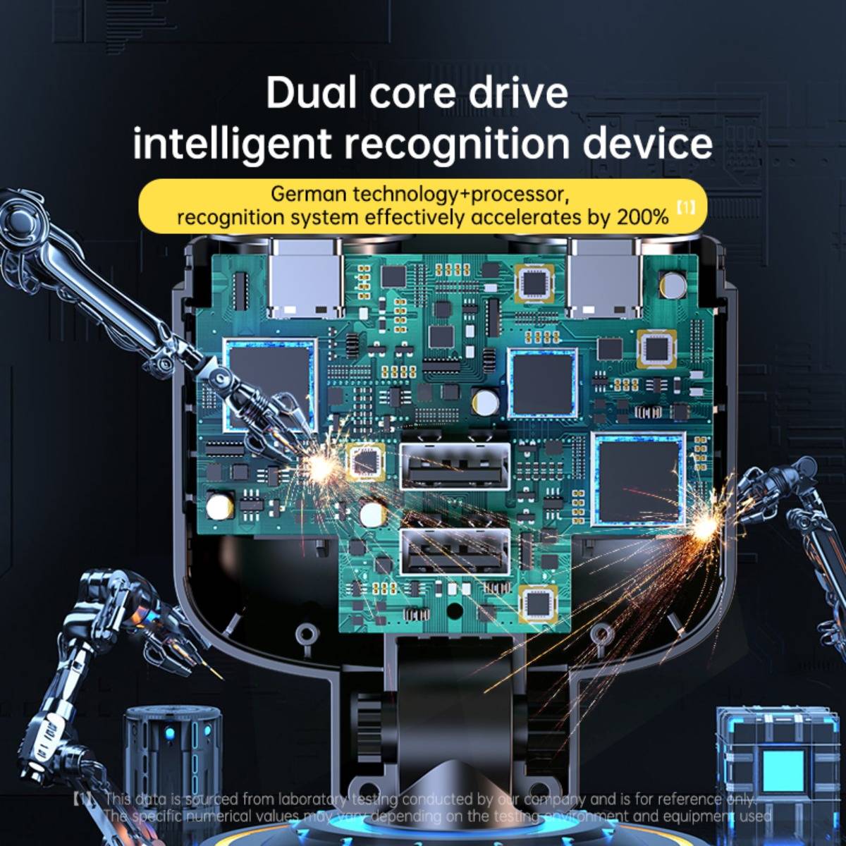 Promotionsgrafik einer Leiterplatte und Robotearme mit der Bezeichnung „Intelligentes Erkennungsgerät mit Dual-Core-Antrieb