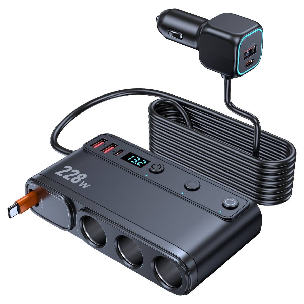 3-Steckdosen Autoladegerät mit PD45W, QC3.0 18W, Dual USB + Type-C, einziehbares Kabel, digitales Voltmeter, 228W Gesamtleistung