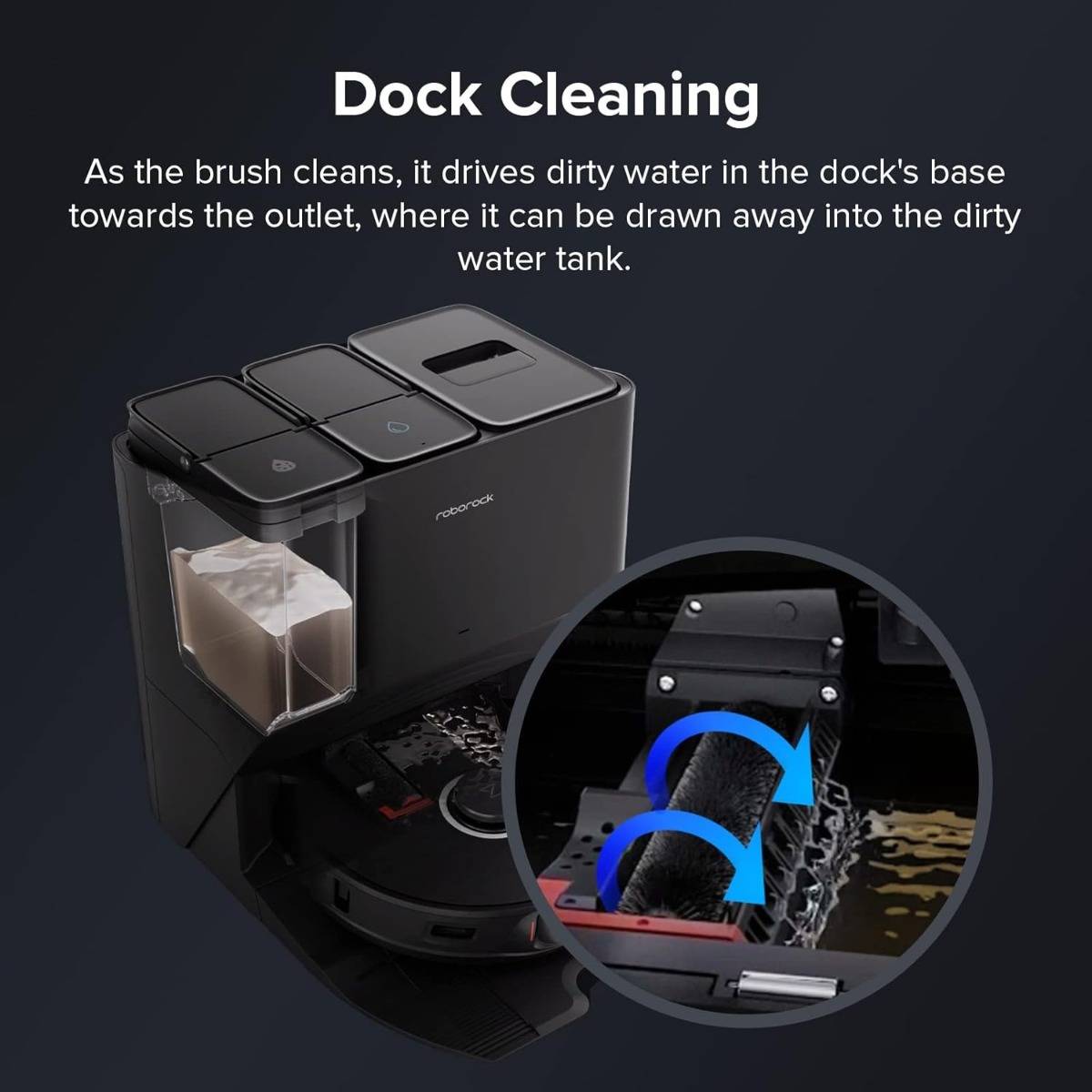 Illustration eines Reinigungssystems für eine Roboterstaubsauger-Dockingstation, die zeigt, wie eine Bürste Schmutzwasser zu einem Auslass und in einen Schmutzwasserbehälter treibt.