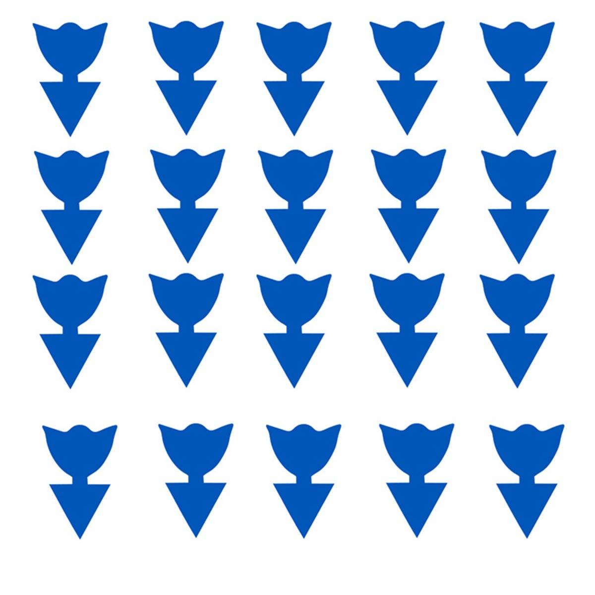 Raster aus 20 identischen blauen abstrakten Symbolen, angeordnet in vier Reihen und fünf Spalten auf weißem Hintergrund.