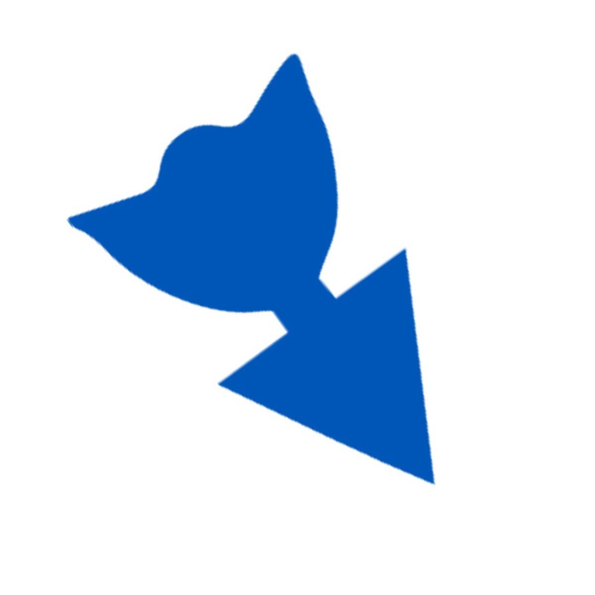 Blaues abstraktes Logo-Symbol mit einer Vogel- oder Fischform auf weißem Hintergrund.