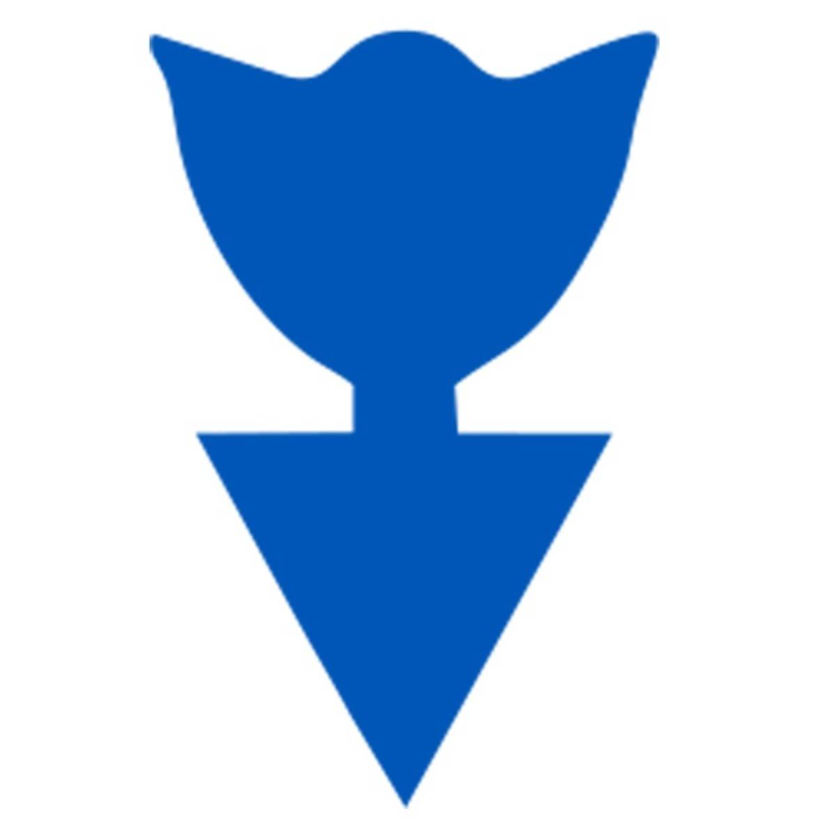 Blauer Abwärtspfeil mit ausgestelleter, schalenförmiger Spitze, der Download oder Abwärtsbewegung anzeigt.
