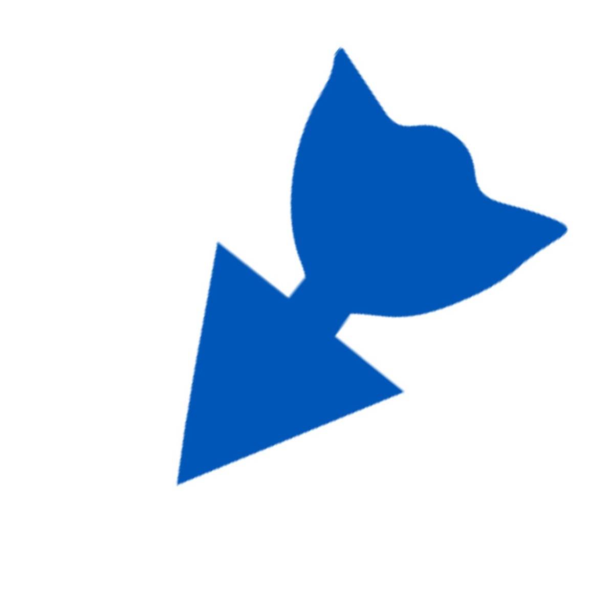 Blaues Logo eines Vogels oder einer Taube, das auf einem nach unten zeigenden Pfeil auf weißem Hintergrund überlagert ist