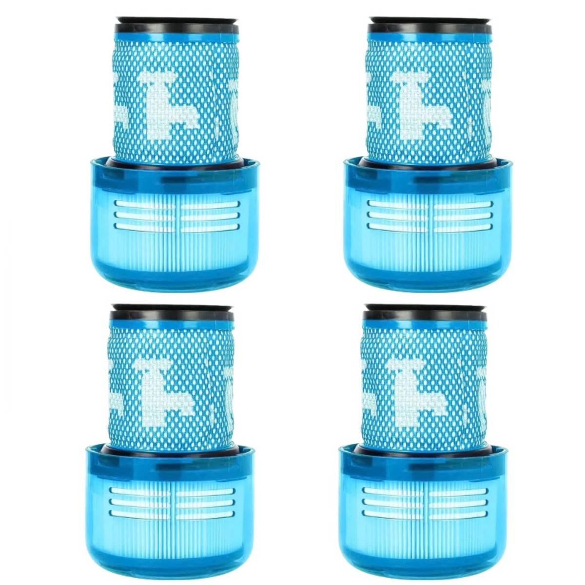 Vier blaue zylindrische Luftfilter mit Netzoberflächen und durchscheinenden Basen in einem 2x2-Gitter auf weißem Hintergrund angeordnet.