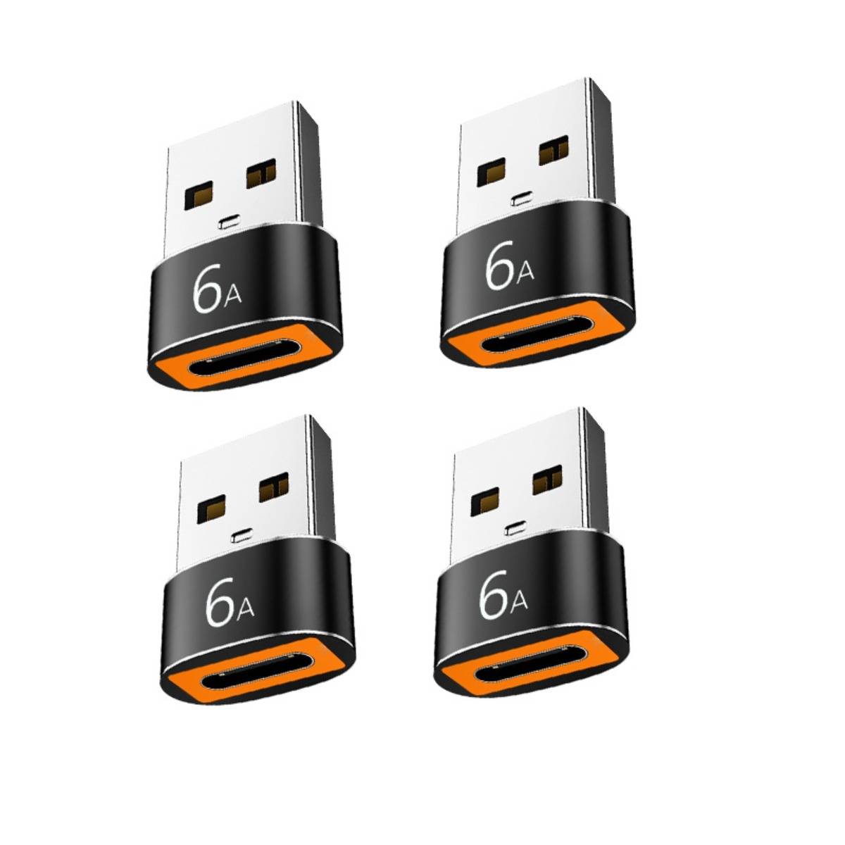 Vier USB-A-auf-USB-C-Adapterstecker mit der Bezeichnung 6A, gezeigt auf weißem Hintergrund.