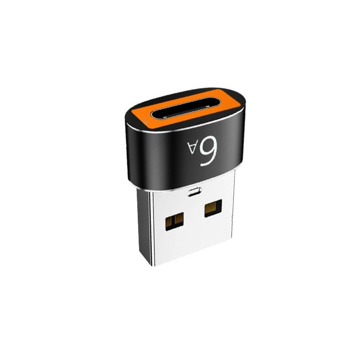 6A USB-C-Adapter-Dongle mit schwarzem und orangefarbenem Gehäuse, auf weißem Hintergrund dargestellt.