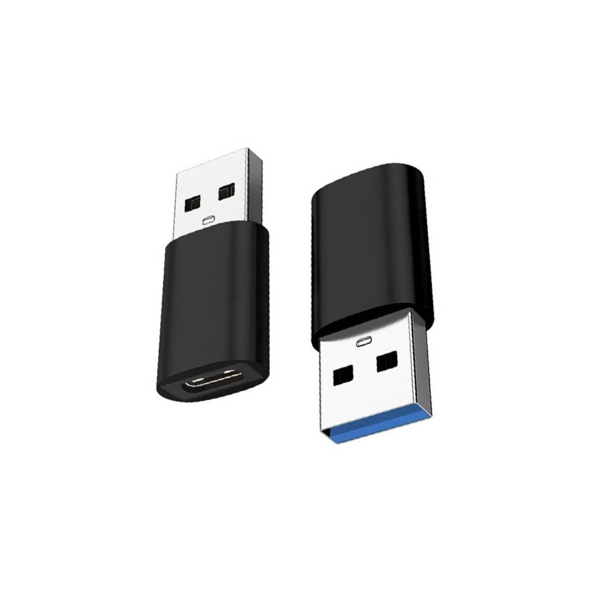Zwei schwarze USB-Adapter-Dongles auf weißem Hintergrund gezeigt, einer mit einem USB-A-Stecker und einer mit einem USB-A-Buchse.