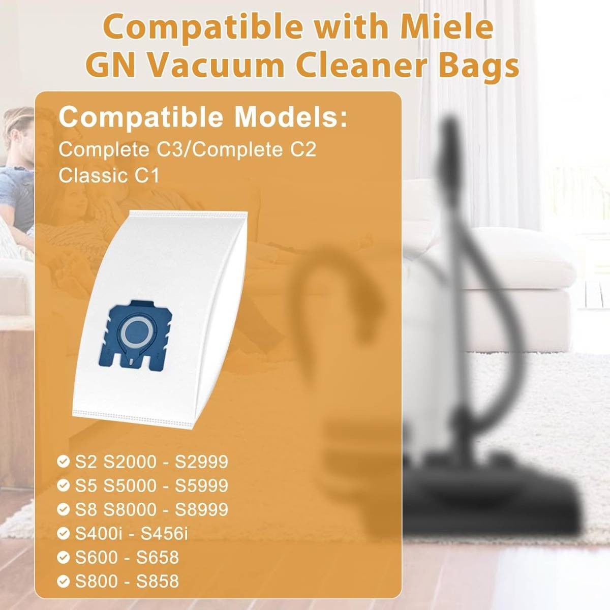 Anzeige für Miele GN Staubsaugerbeutel, zeigt einen Beutel und kompatible Modelle: Complete C3, Complete C2, Classic C1, S2/S5/S8/S400i-S456i/S600-S658/S800-S858.