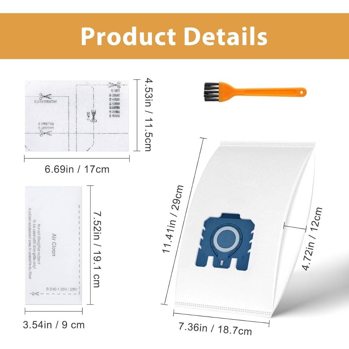 Produktdetails mit Bildern eines Staubsaugerbeutels, einer kleinen Reinigungsbürste und Paketabmessungen: Beutel 7,36 x 11,41 x 4,72 Zoll, Karton 6,69 x 4,53 Zoll, Filter 3,54 x 7,52 Zoll.