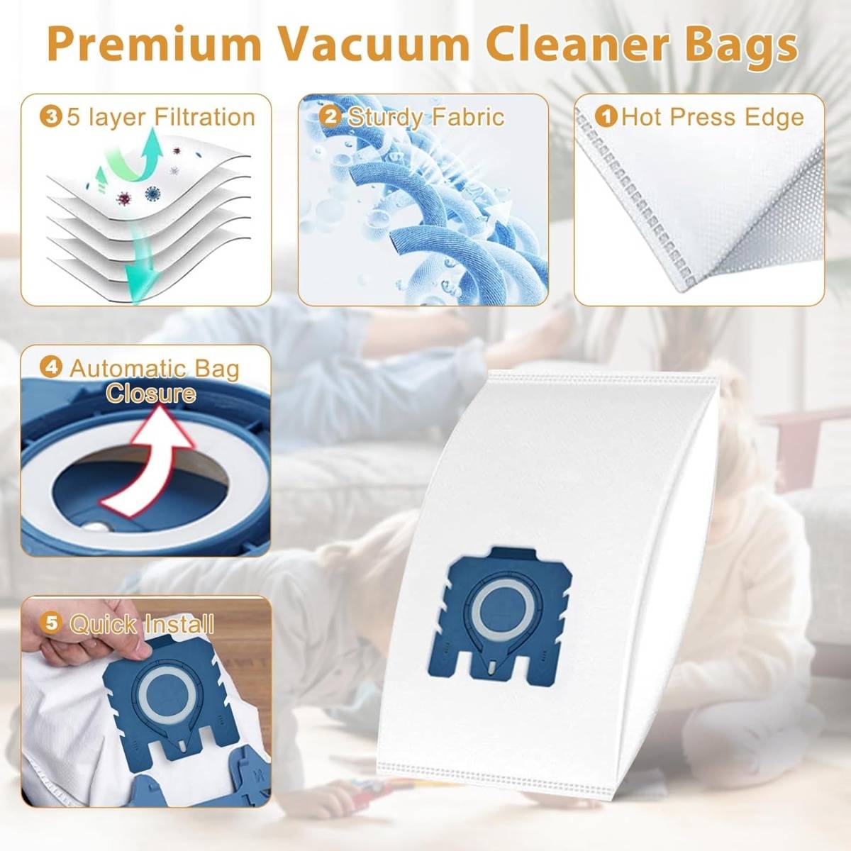 Werbegrafik für „Premium-Staubsaugerbeutel" mit einem Beutel und fünf Funktionen: 5-Schichten-Filtration, robustes Gewebe, heiß gepresste Kante, automatischer Beutelschluss und schnelle Installation.