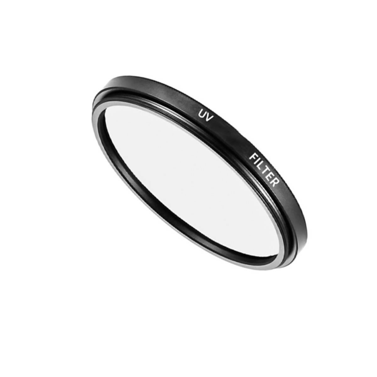 Ein schwarzer kreisförmiger UV-Kameralinsrenfilter, unter einem Winkel auf weißem Hintergrund gezeigt, mit der Bezeichnung „UV-FILTER