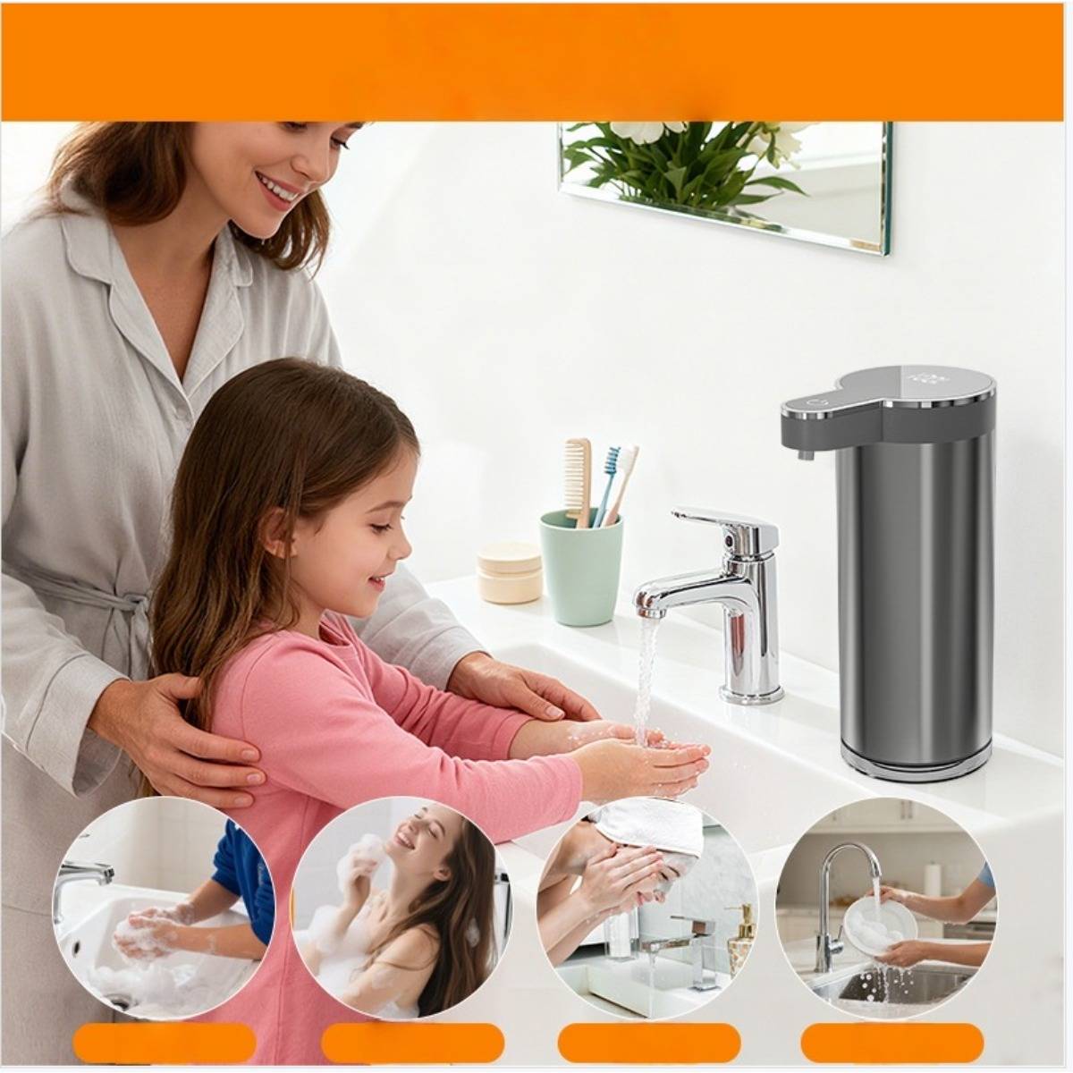 Mutter hilft jungem Mädchen, die Hände an einem Waschbecken neben einem berührungslosen Seifenspender zu waschen, mit kreisförmigen Vergrößerungen, die Handwasch- und Hygieneschritte zeigen.
