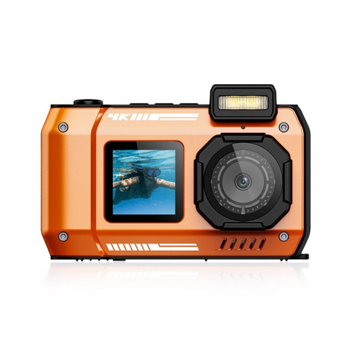 Orange wasserfeste Actionkamera mit frontalem Objektiv, kleinem Vorschaubildschirm und LED-Blitz auf weißem Hintergrund.