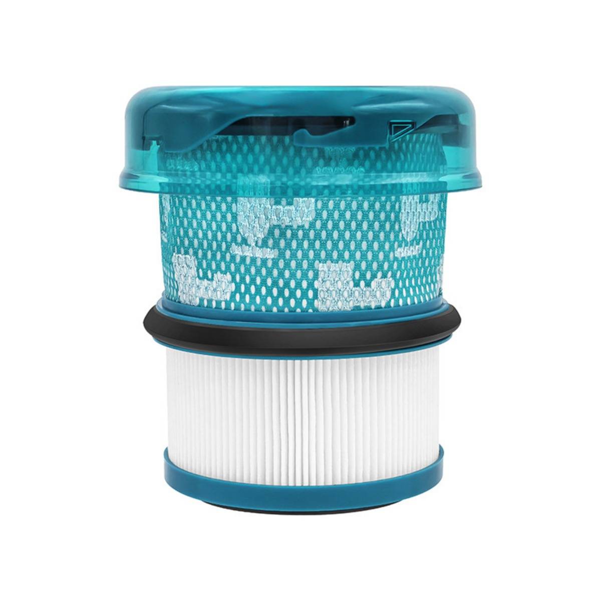 Zylindrischer blau-weißer Luftfilterkartusche mit gefalteter unterer Filtration und Maschenabschnitt oben, auf weißem Hintergrund dargestellt.