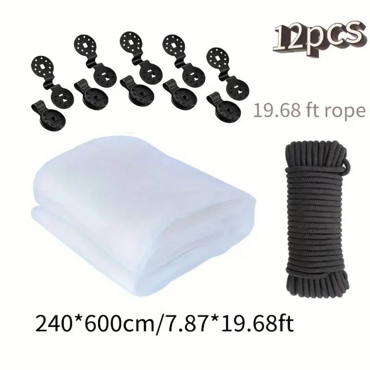 Produktbild eines 12-teiligen Seil- und Befestigungssatzes: weißes 240×600 cm Netz oder Tuch, schwarzes 19,68 ft Seil und 12 schwarze Clips/Haken.