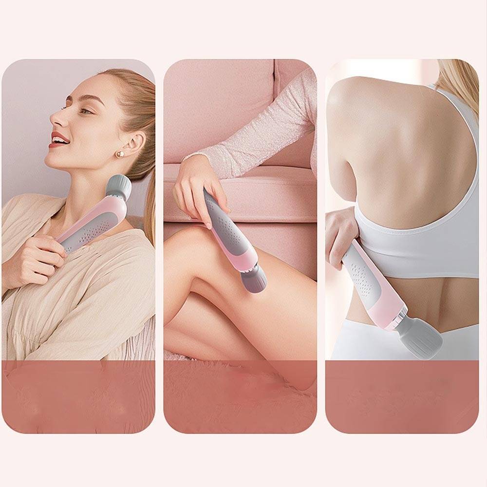 Dreiteiliges Produktbild einer Frau, die eine tragbare Massagebürste im Gesicht, am Oberschenkel und am Rücken verwendet, um Hautpflege oder Peeling zu applizieren.