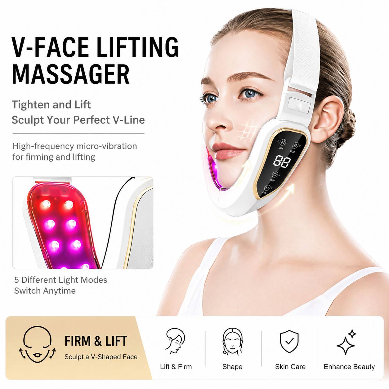 V-Face Gesichtsmassagegerät mit 12 Stufen, Mikrovibration und LED-Lichttherapie White
