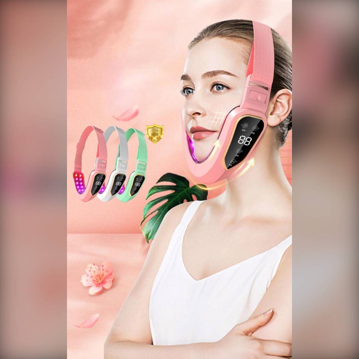 Werbebild einer Frau, die ein rosa LED-Gesichtslifting-Band mit digitaler Anzeige trägt, gezeigt mit mehreren Farboptionen auf rosa Hintergrund.