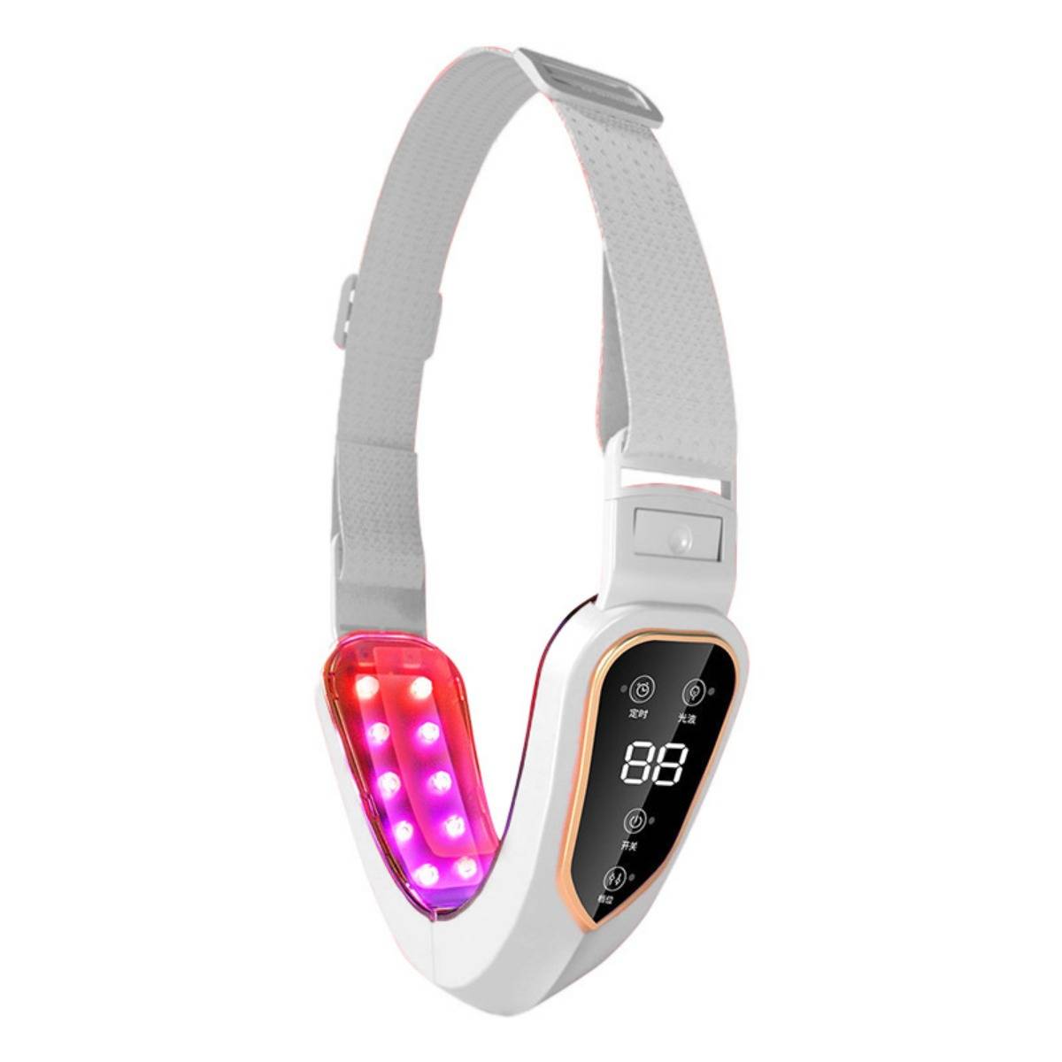 Tragbarer Nacken-Massager mit beleuchteten roten und violetten LED-Paneelen und digitaler Kontrollanzeigetafel, die "88"" anzeigt.