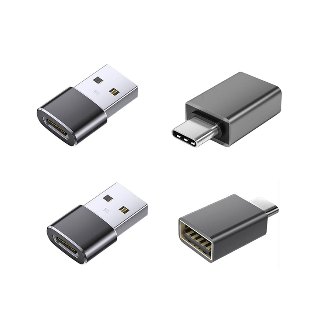 Vier Ansichten von USB-Adaptern: zwei USB-C-Stecker und zwei USB-A-Buchse auf USB-C-Stecker-Konverter, gezeigt auf weißem Hintergrund.