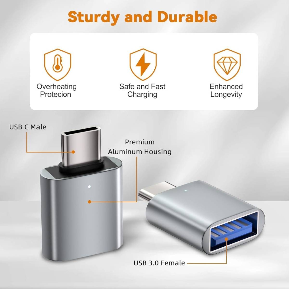 Grafik eines USB-C Stecker zu USB 3.0 Buchse Adapters, beschriftet mit robust und langlebig, mit Überhitzungsschutz, sicheres Schnellladen, erhöhte Lebensdauer und hochwertiges Aluminium-Gehäuse.