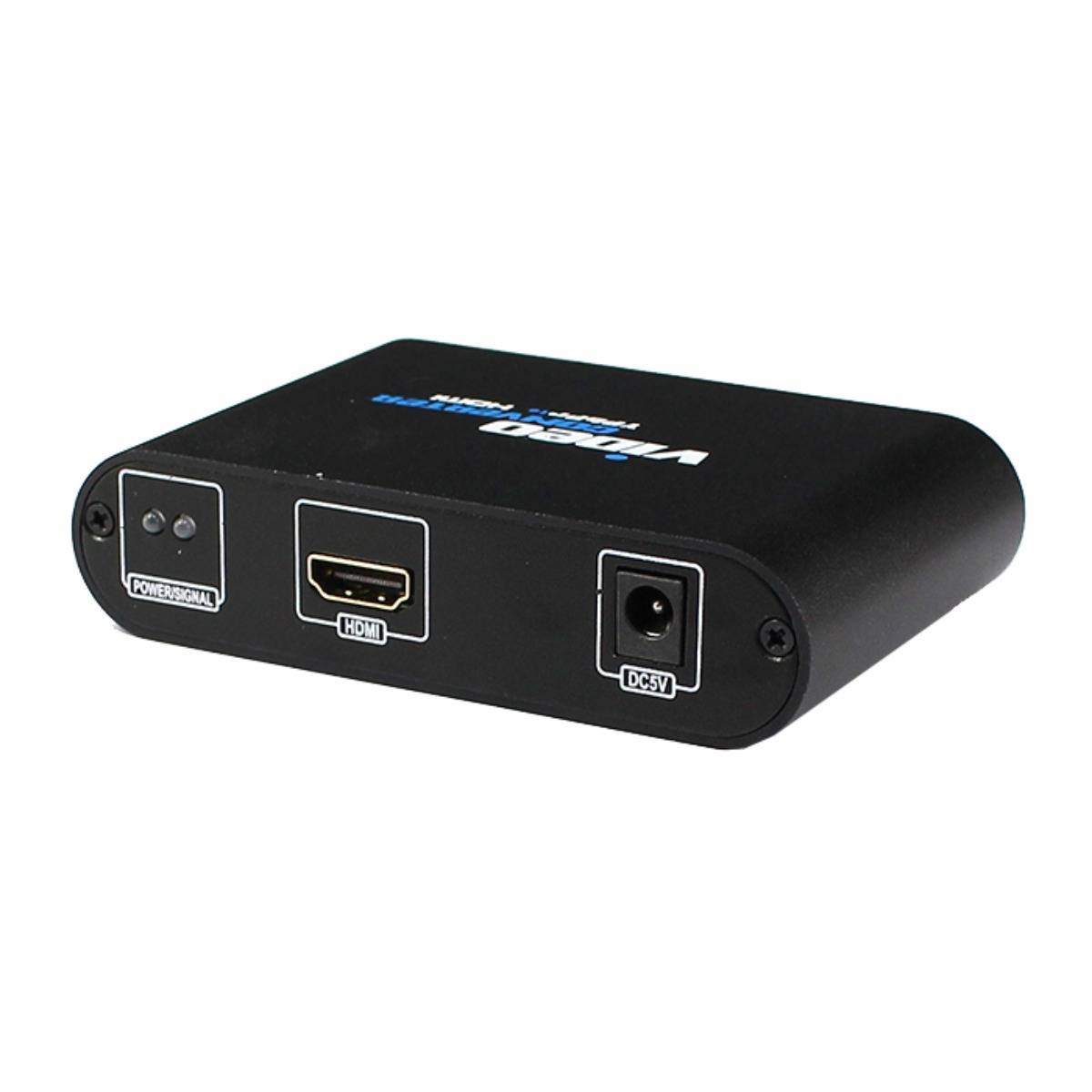 Schwarze Video-Converter-Box mit Stromversorgung, HDMI- und DC-Eingängen auf der Vorderseite.