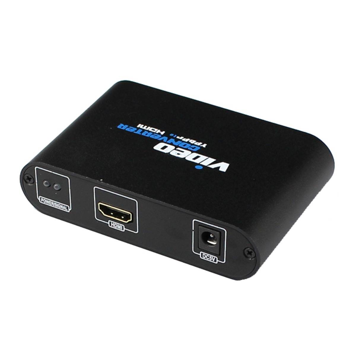 Schwarze Videokonverter-Box mit Komponenten-, HDMI- und Gleichstromeingangsanschlüssen auf der Frontplatte.