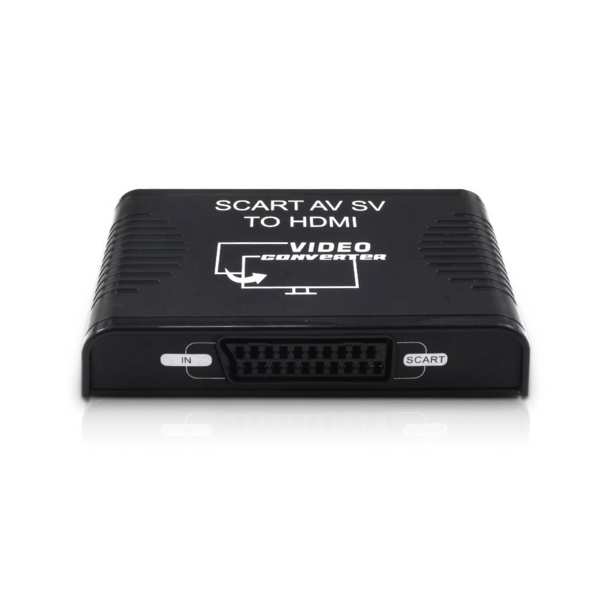 Schwarze SCART AV/SV zu HDMI Video-Konverterbox in Vorderansicht mit Eingabeanschlüssen gekennzeichnet mit 