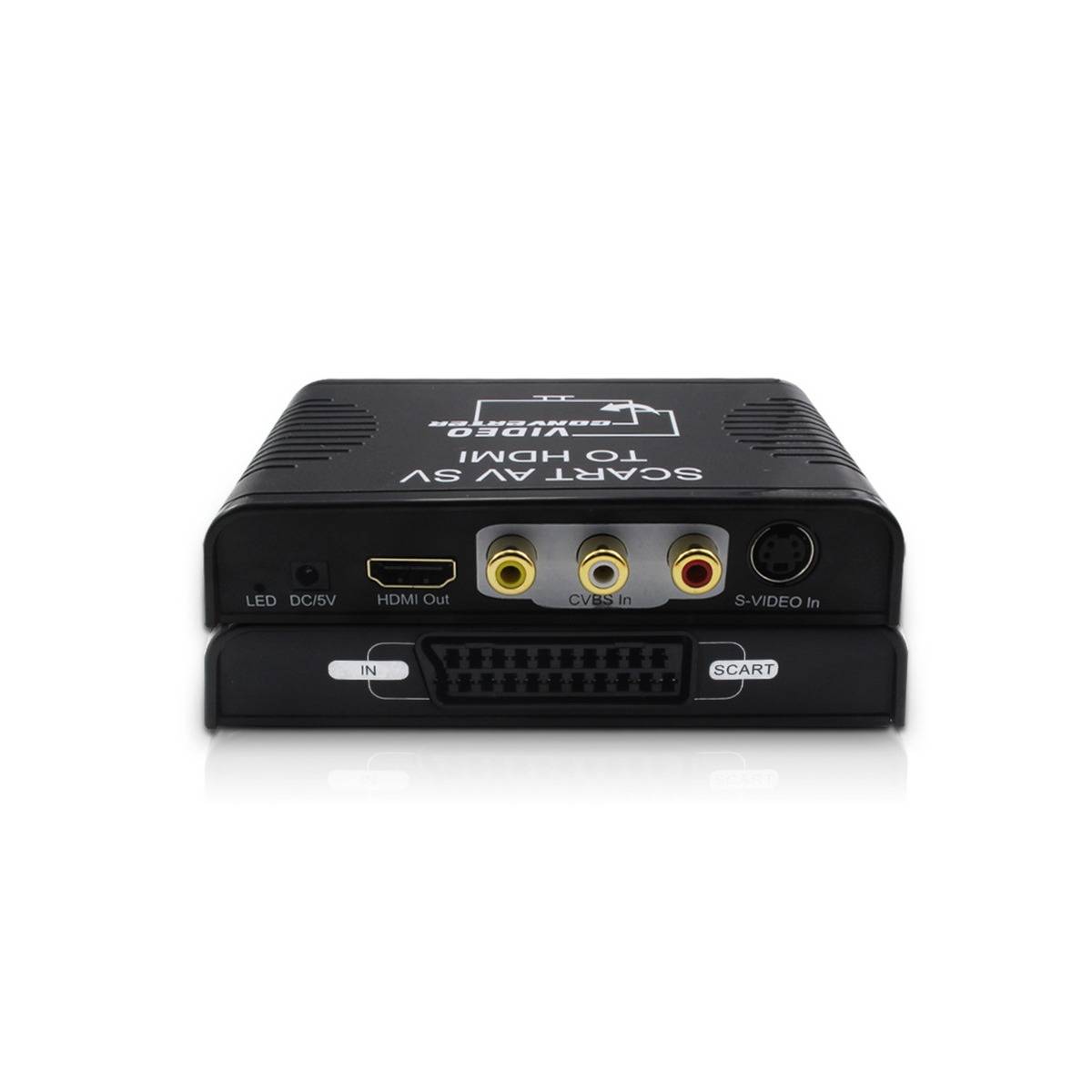 Schwarze HDMI-zu-SCART-Konverterbox mit HDMI-Ausgang, CVBS-Eingang, S-Video-Eingang und SCART-Eingängen