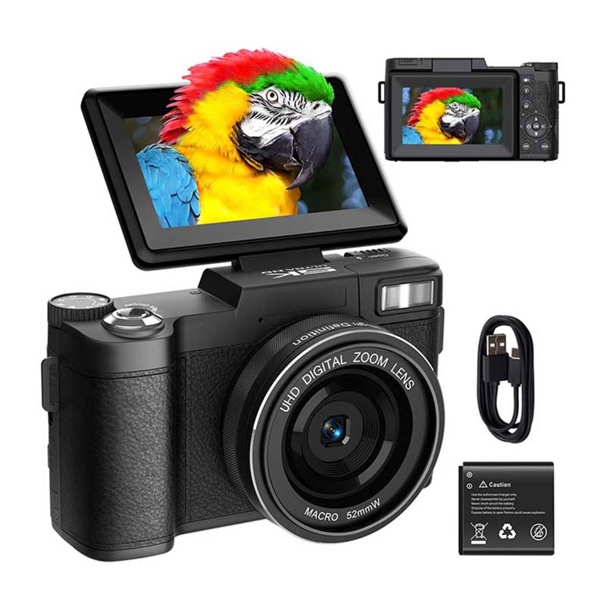 Digitalkamera mit aufklappbarem Display, das einen farbenfrohen Papagei zeigt, plus Rückansicht, USB-Kabel und wiederaufladbare Batterie im Lieferumfang enthalten.