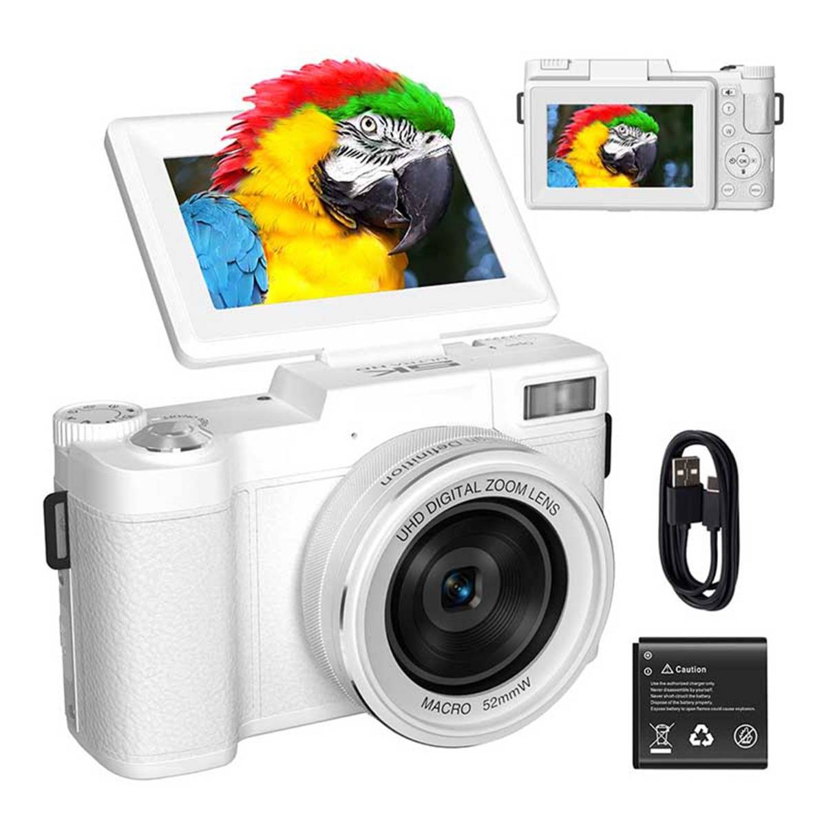 Weiße digitale Kamera mit ausklappbarem Bildschirm, auf dem ein bunter Papagei angezeigt wird, plus Ersatzbatterie und USB-Kabel auf weißem Hintergrund.