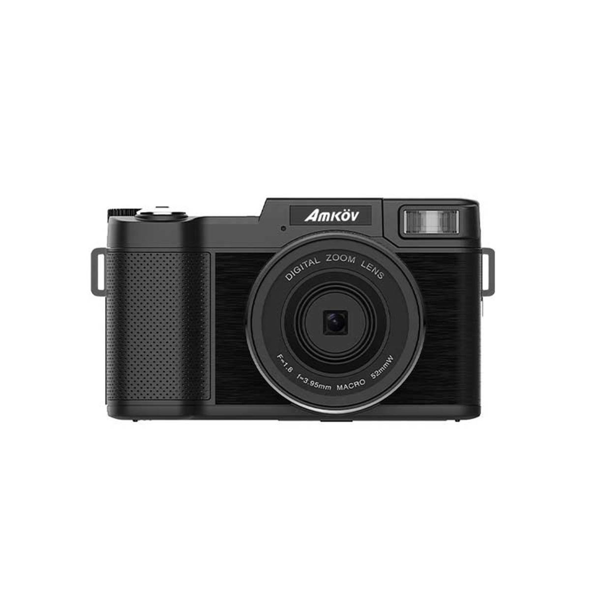 Schwarze Amkov-Digitalkamera in Vorderansicht auf weißem Hintergrund, mit großem Objektiv und eingebautem Blitz.