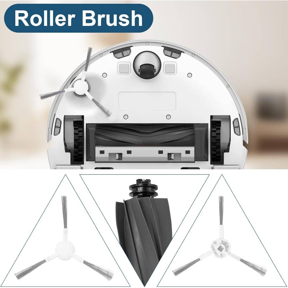 Diagramm eines Roboterstaubsaugers mit einer Walzenbürste und Seitenbürsten, das den Reinigungsmechanismus und das Bürstendesign zeigt.