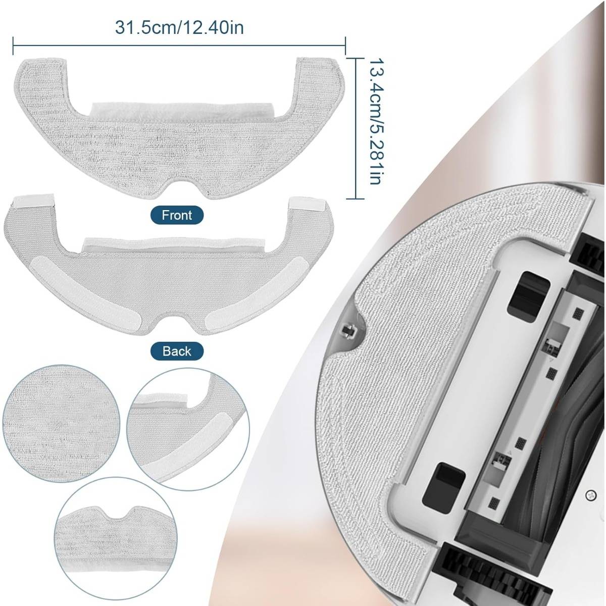 Diagramm einer gebogenen grauen Schutzabdeckung für ein Gerät, gekennzeichnet mit Vorderseite und Rückseite, mit den Abmessungen 31,5 cm breit und 13,4 cm hoch, mit Detailaufnahme einer Aussparung für Kabel und Anschlüsse.