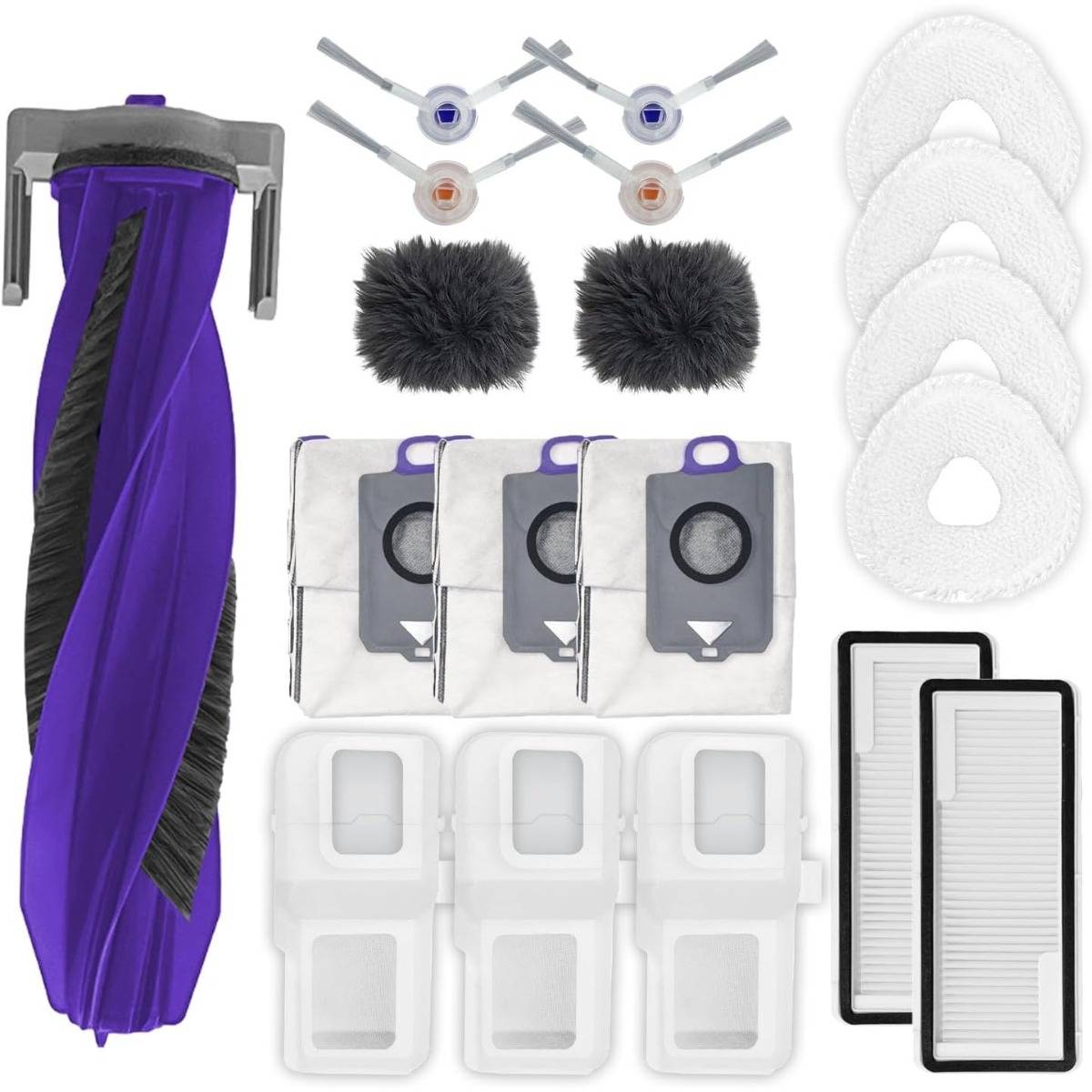 Roboterstaubsauger-Zubehörset mit Wischpads, Seitenbürsten, Staubbeuteln, Filtern und Reinigungswerkzeugen.