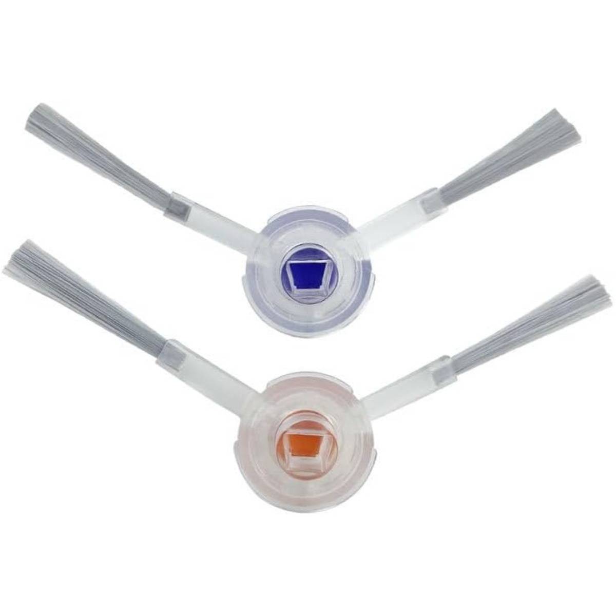 Zwei kreisförmige Roboterstaubsauger-Seitenbürsten, eine blau und eine orange, jeweils mit zwei grauen Borsten, auf weißem Hintergrund dargestellt.