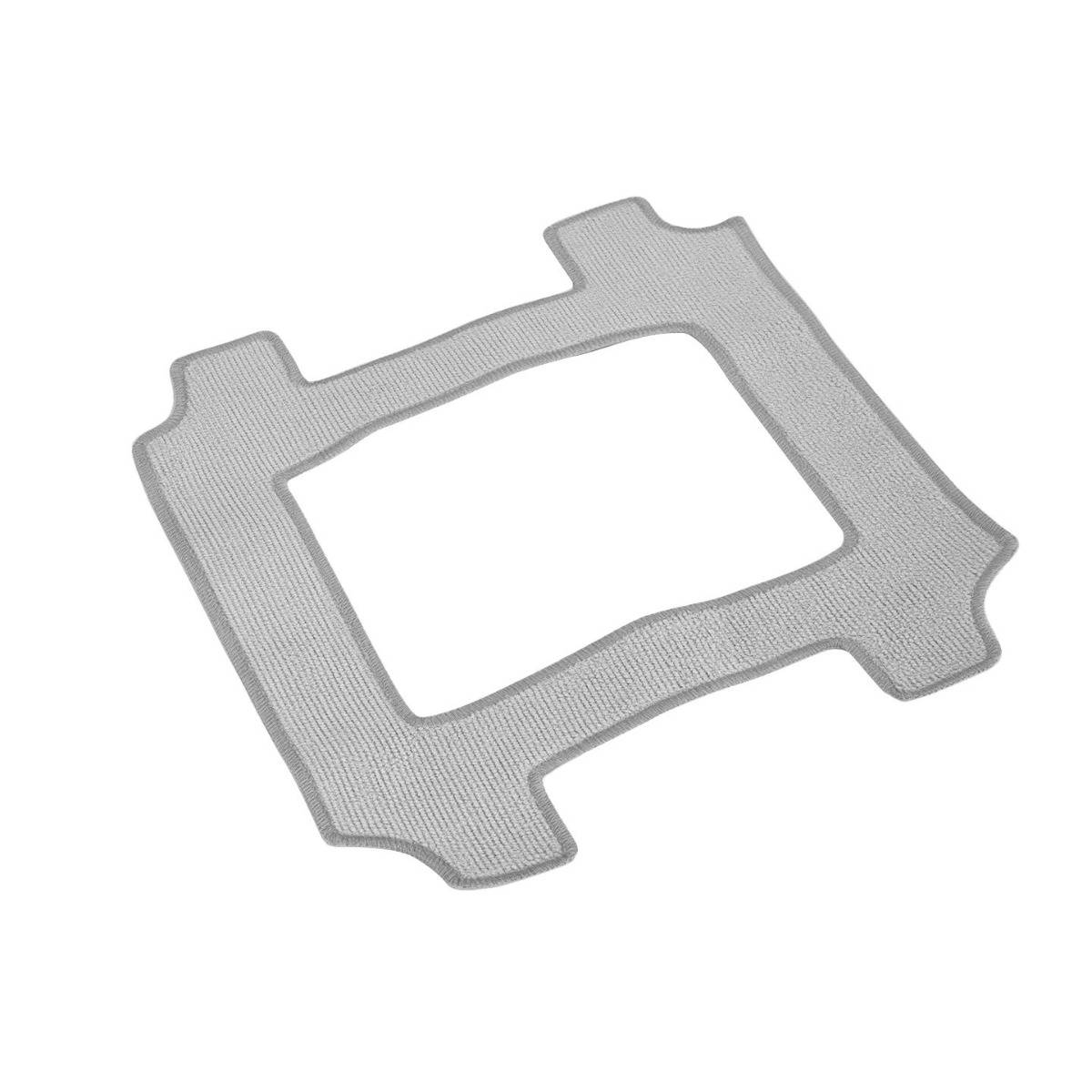 Graues Metalldichtung oder Halterung mit rechteckiger Mittelöffnung und vier laschensähnlichen Ecken, dargestellt auf weißem Hintergrund.
