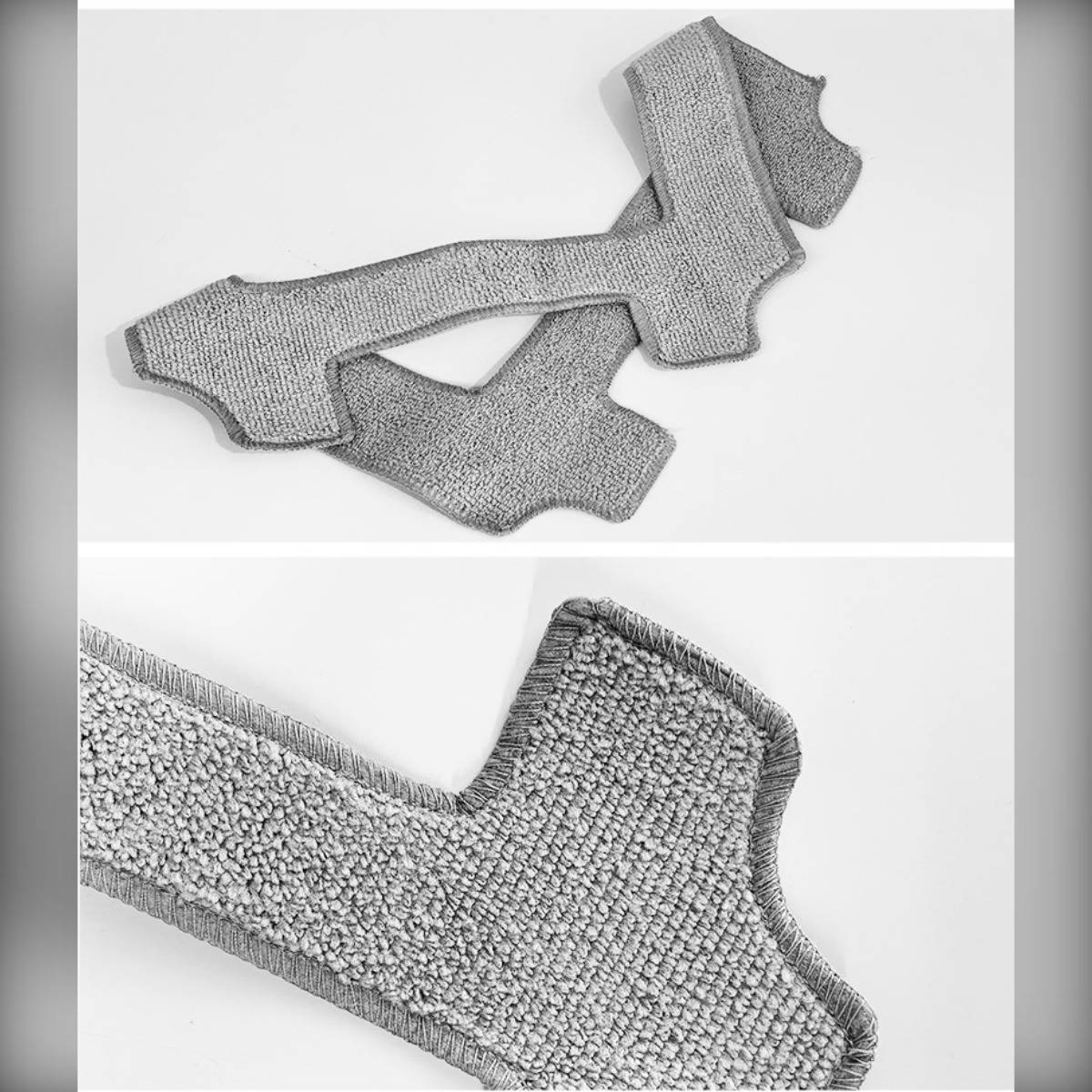 Grau gestricktes Stoffmuster mit Schnittteilen, gezeigt als drei überlappende ausgeschnittene Kleidungssektionen und eine Nahaufnahme des strukturierten Kantendetails.